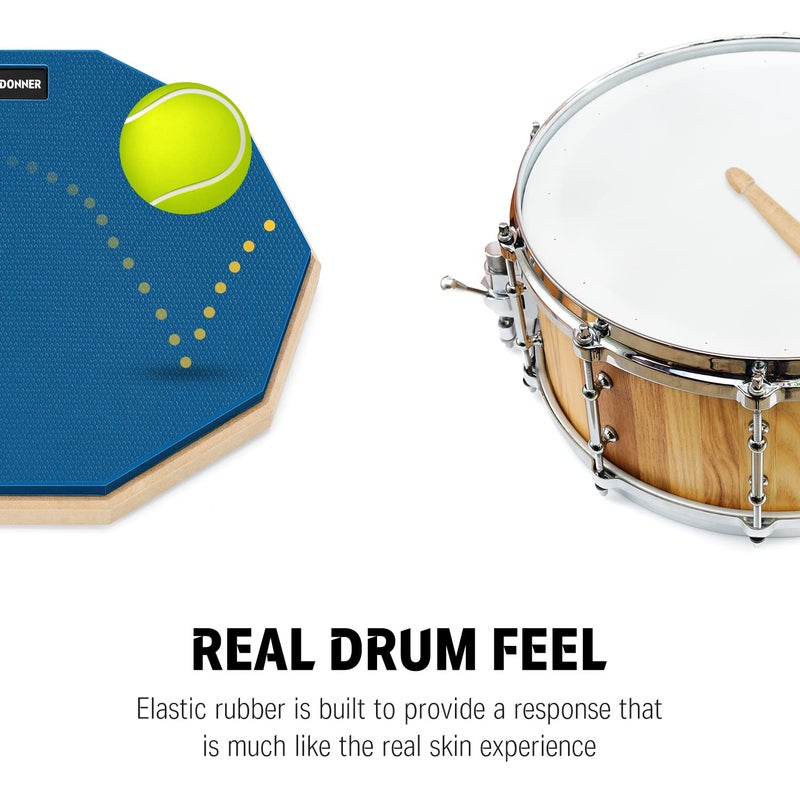 Donner 12 Inches Drum Practice Pad Silent Drum Pad Set Blue 2-Sided With Drum Sticks - Image 2